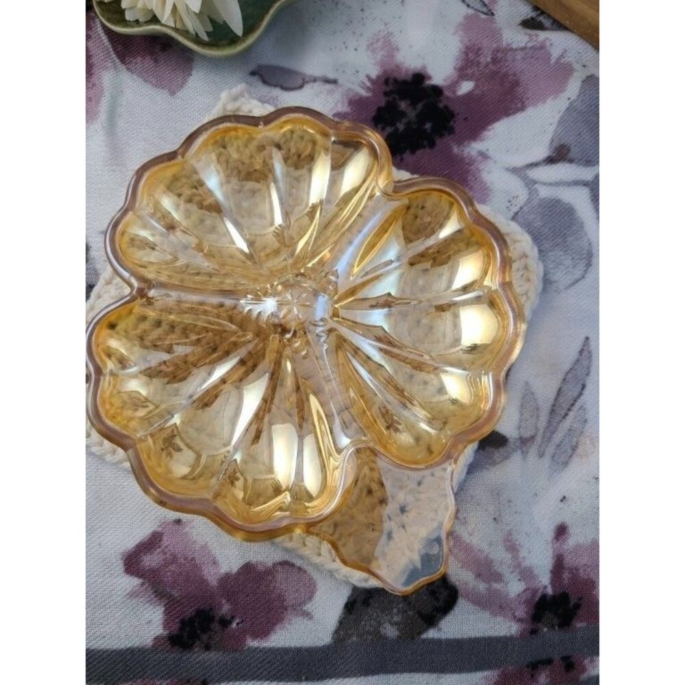Jeannette Marigold Carnival Glass Dish Iridescent Doric Depression Era VTG Gift